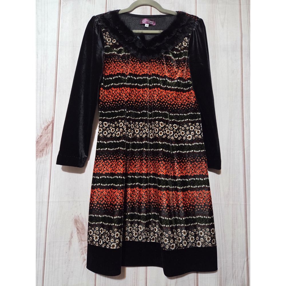 Fulimei Velvet Floral Long Sleeve Dress Faux Fur Trim Black‎ XL Read Measurement
